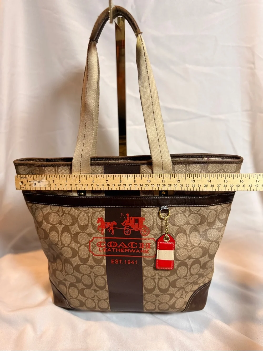 Coach Beige Signature Canvas Tote with Brown Trim and Red Logo